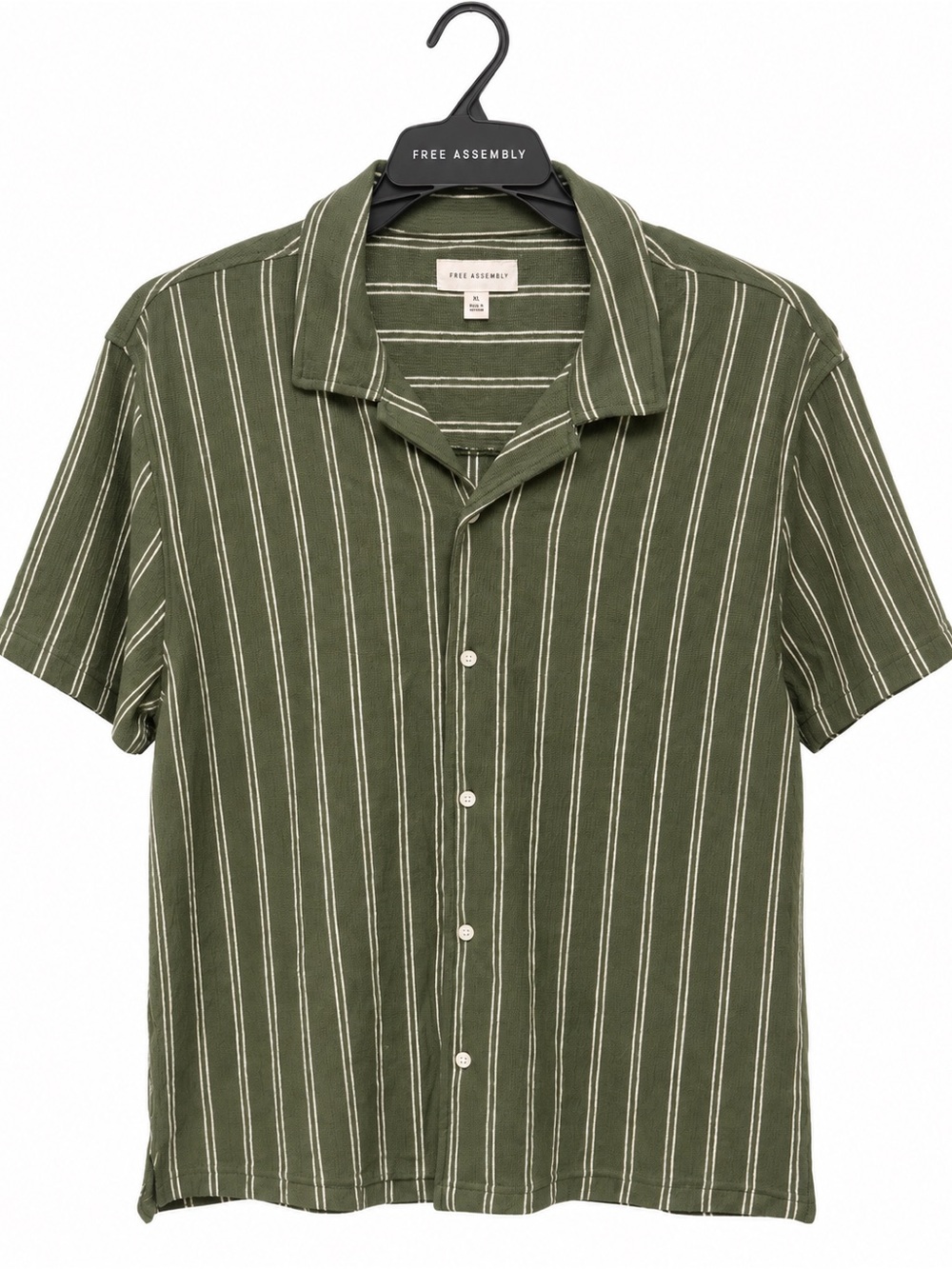 Free Assembly Men's Striped Button-Up Shirt Green/White Cotton Short Sleeve XL